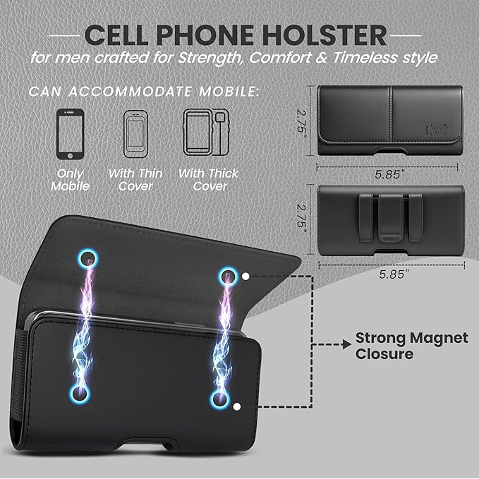 Wireless City Small Phone Holster for Men & Women, Horizontal Belt Clip & Loop Cell Phone Pouch, Magnetic Closure Phone Belt Holder Fits iPhone 13 Mini iPhone 12 Mini iPhone SE X/XS 8, 7, 6s (Black)