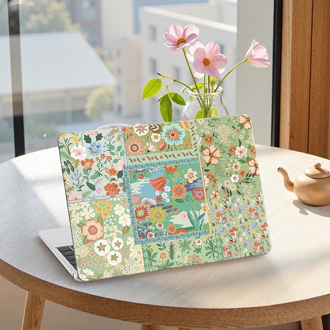 iCasso for MacBook Air 13 inch Case 2020 2019 2018 Release A2337 M1 A2179 A1932, Flower Hard Shell Protective Case for MacBook Air 13.3 inch + Keyboard Cover + Screen Film, Green Flower