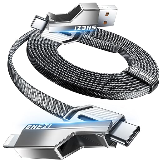 4-in-1 USB C Cable 45W 3FT Lightning Cable Fast Charging Flat Nylon Braided for iPhone iPad Charger Cord [480Mbps Data Sync] Multi Charge Cable Combo with Lightning/Type C/USB A Port