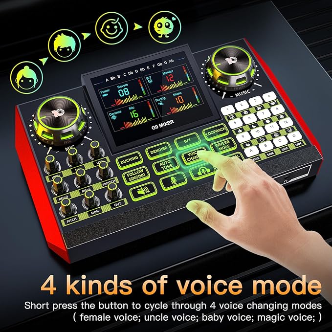 Audio mixer, suitable for live streaming, singing, and gaming on computers/phones; podcast mixer with real-time sound card, noise reduction function, and one-click mute function