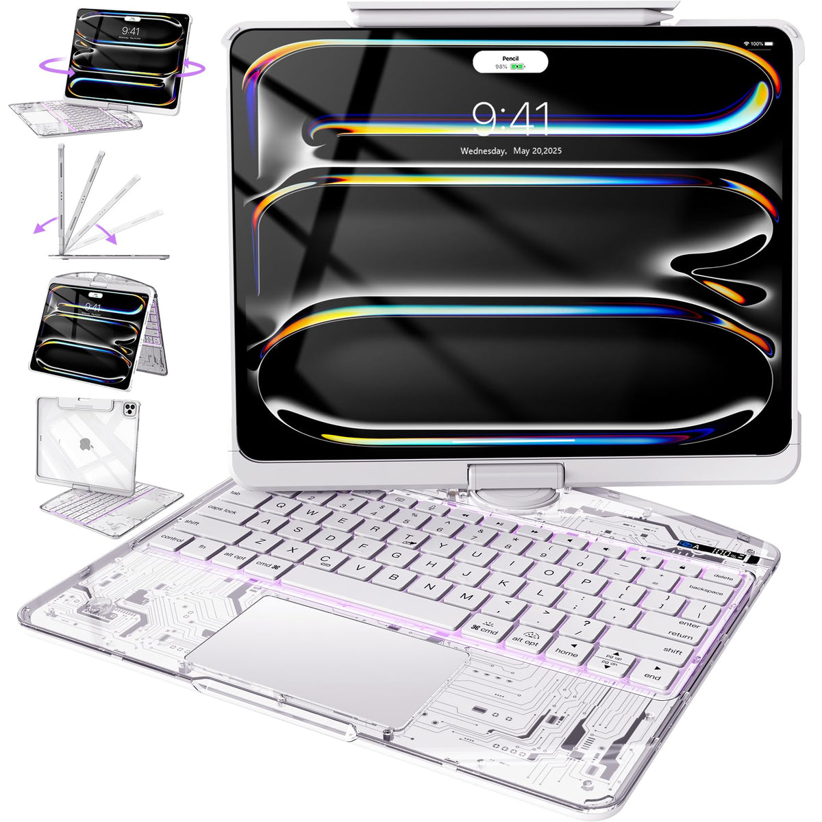 Intermerge Transparent Keyboard Case for iPad Pro 13"(M5,2025/ M4,2024), 360° Swivel Multi-Touch Trackpad, 7-Color RGB Backlit, Pencil Holder, Type-C, Power Indicator, Aqua Pulse