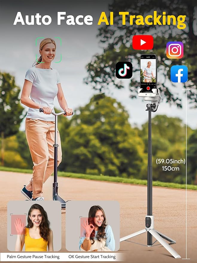 Auto Face Tracking Tripod 360 Rotation w/Stand for iPhone Android,Selfie Stick Phone Stand 360 Rotating for Video Recording,Phone Holder Follow You w/Remote,RGB Light for TikTok(M2Pro White)