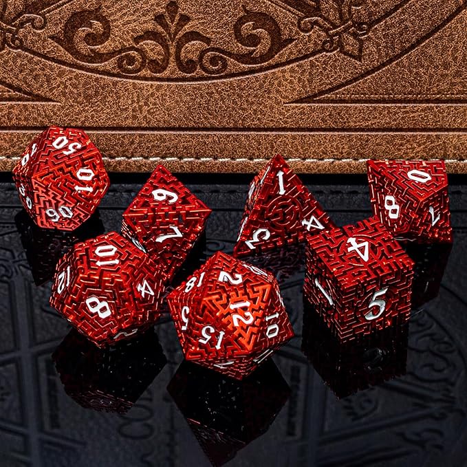 Red Metal Hollow DND Dice Set (Barbarian) Metallic Luster Maze Design with Storage Box - Balanced Weight 7 Piece Zinc Alloy, Designed for Dungeons and Dragons DM and Player RPG Accessories