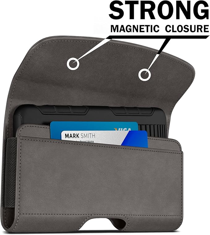 Case for Large iPhone Plus, Pro Max 16 15 14 13 12 11 XS, Samsung Galaxy S25+ S24+ S23+ S22+ S21+, Cell Phone Belt Holster Clip, ID Card Holder Pouch, Fits with Case On, Pewter Large