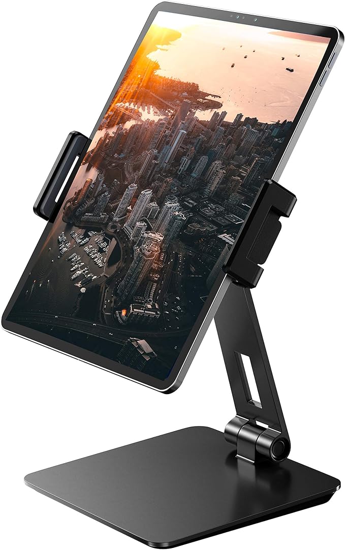 Maxonar iPad Stand Holder, Heavy-Duty Aluminum Alloy Tablet Stand, 360° Swivel Foldable iPad Pro Air Charging Stand Holder for Desk Bed Store POS Showcase Reception Kitchen Office (6-13''), Grey
