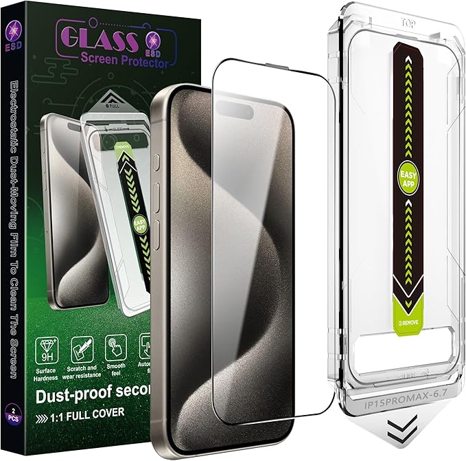 [2-Pack Ultra HD Clear Screen Protector for iPhone 15 Pro Max (6.7-Inch),9H Tempered Glass,Full Coverage,Anti-Fingerprint,Auto Dust Removal,Bubble-Free,Easy Installation