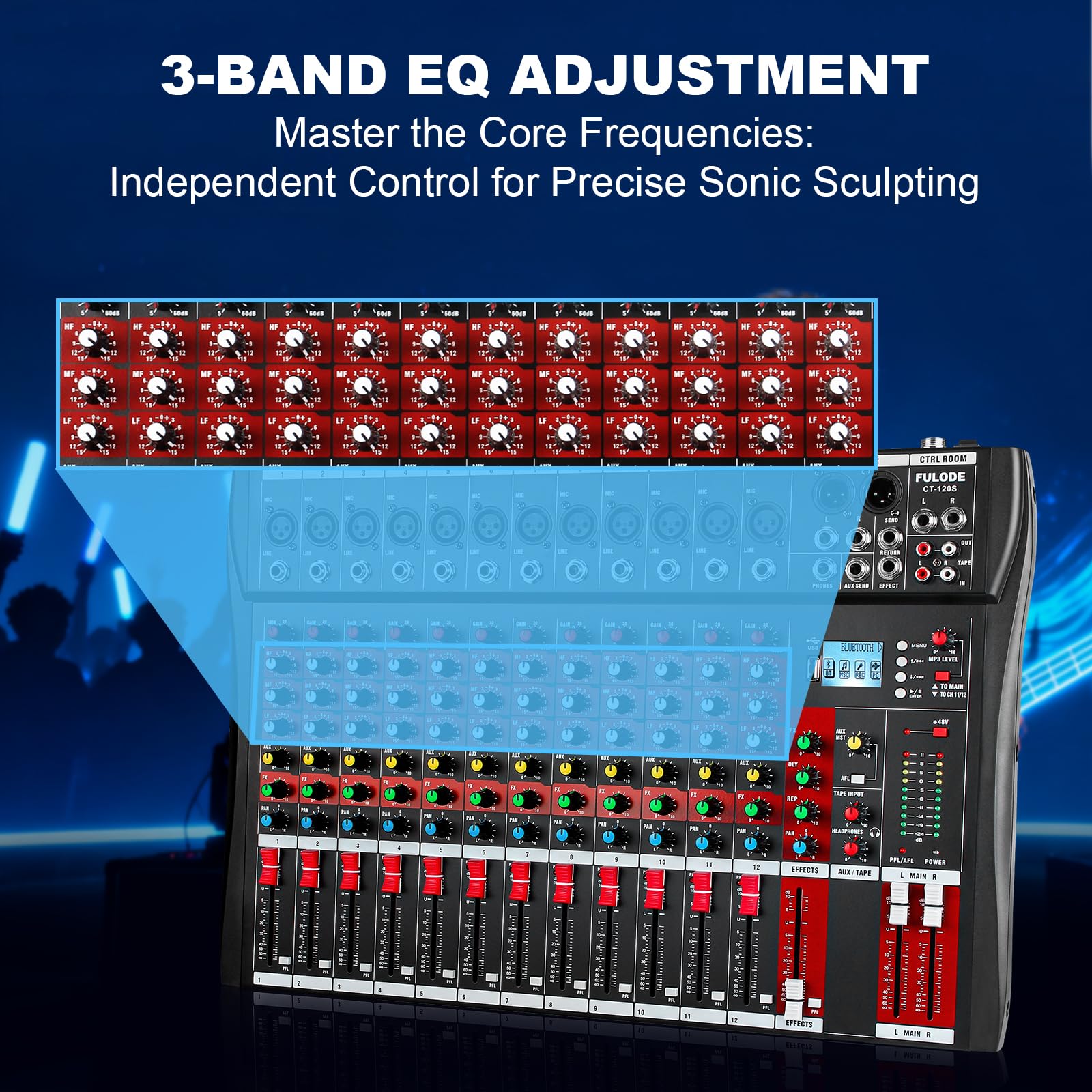 FULODE 12 Channel Audio Mixer, Professional Music Mixer Board DJ Mixing Console with Bluetooth, USB/MP3 Player, Reverb, and 48V Phantom Power for Studio Recording, Karaoke, and Live Performances