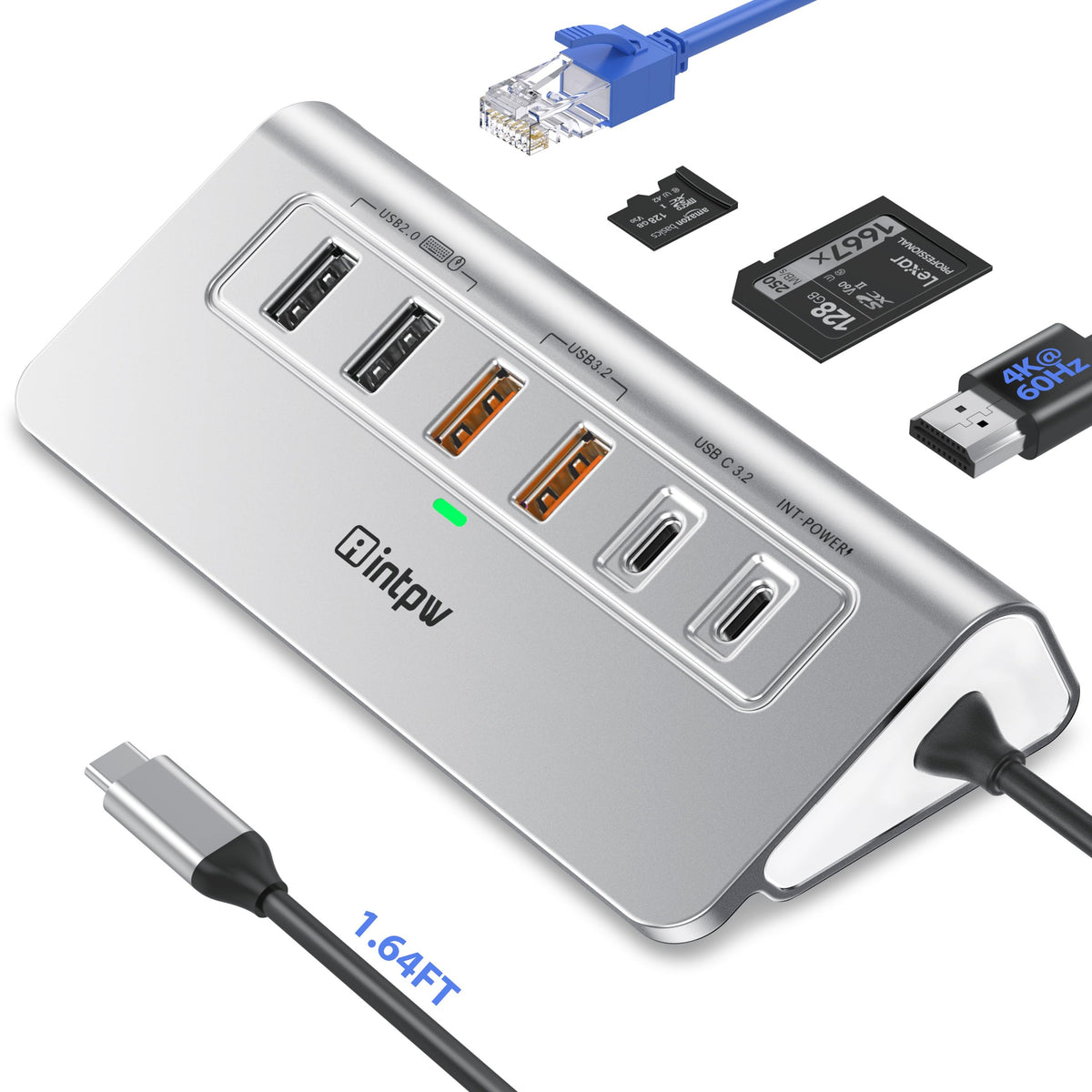 USB C Hub, intpw 9-in-1 USB Multiport Adapter with 4K HDMI, PD 100W, USB-C and 2 USB A 3.0 5Gbps, 2 USB A 2.0, SD/TF Slots for MacBook Pro/Air, iPad Pro, iPhone 15/16 Series
