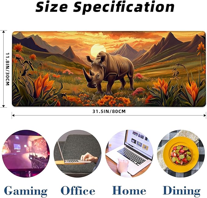 Rhino Gaming Mouse Pad, Sunset Floral and Wildlife Mousepads for Gaming Home Office Work, Extended Mats Computer Keyboard Laptop, 31.5×11.8 Inch Large Desk Mat with Non-Slip Rubber Base