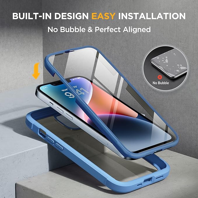 Miracase Glass Series Designed for iPhone 14 Plus Case 6.7 inch, 2023 Upgrade Full-Body Clear Bumper Case with Built-in 9H Tempered Glass Screen Protector and Camera Lens Protector,Blue