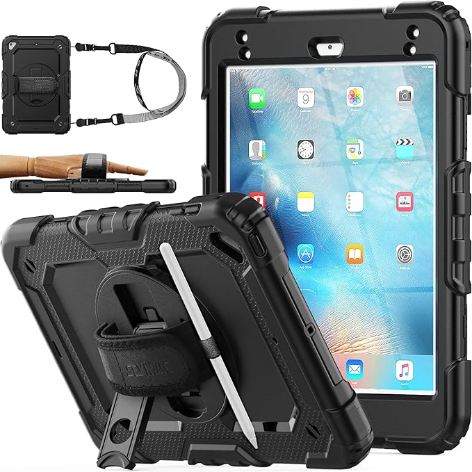 SEYMAC stock Case for iPad mini 5/4 with Screen Protector Pencil Holder [360 Rotating Hand Strap] & Stand, Drop-Proof Case for iPad mini 5th/4th Generation 7.9 inch (Black)