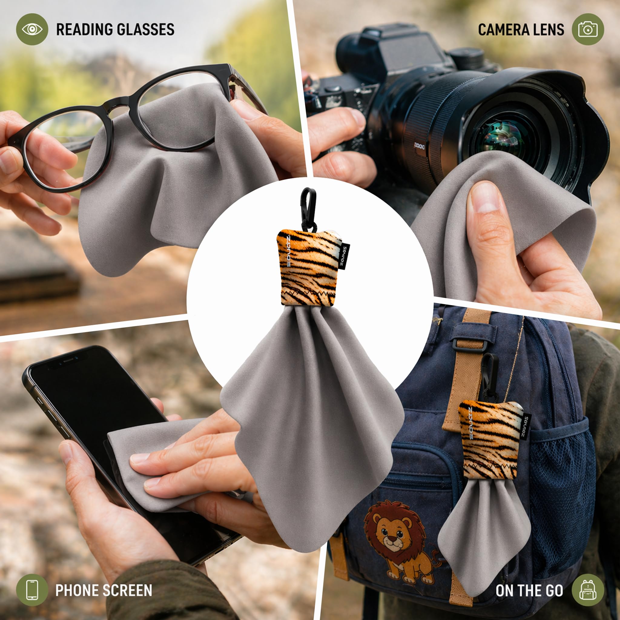 SPUDZ Classic Microfiber Lens Cleaner – Clip-On Pouch, Washable – for Binoculars, Scopes, Glasses, Screens | Classic | Fish Assort, 6 x 6 Inch