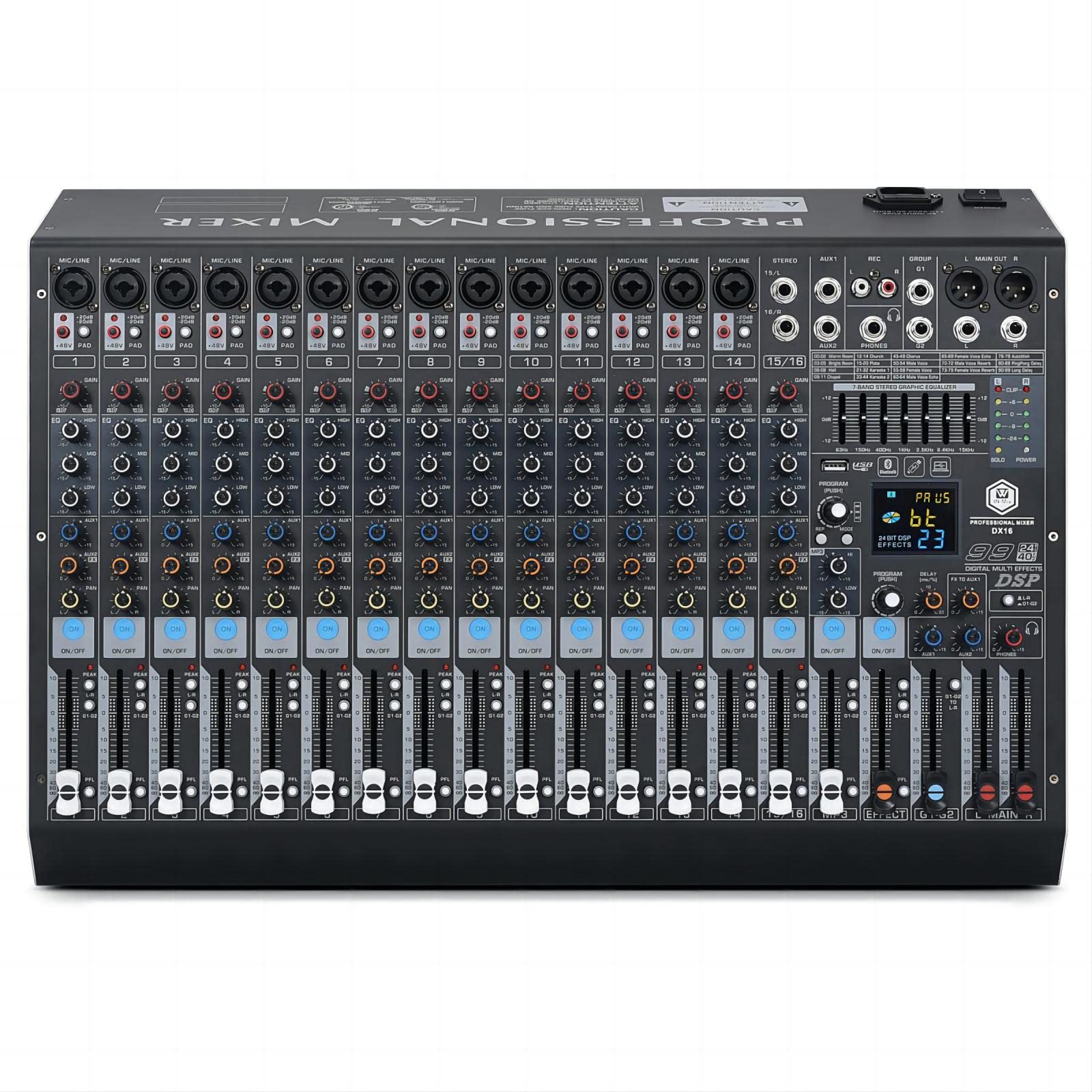 W IN-MIX DX16 Professional 16-Channel DJ Mixer with 99 DSP Effects, 7-Band EQ, 48V Phantom Power, Bluetooth & USB Recording for Live Performance, Studio, Podcast & Streaming