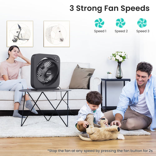 AMACOOL Table Fan, 12 inch Box Fan with 3 Speeds & 8HRS Timer, 270° Pivoting Quiet Air Circulator, Desktop Fan for Bedroom Bathroom Kitchen Office, AC Adapter Included, Co-Branded with Cmyfato-Black