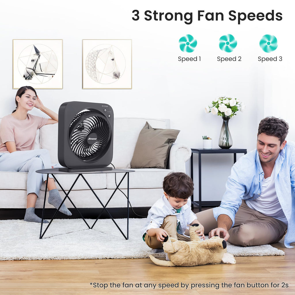 AMACOOL Table Fan, 12 inch Box Fan with 3 Speeds & 8HRS Timer, 270° Pivoting Quiet Air Circulator, Desktop Fan for Bedroom Bathroom Kitchen Office, AC Adapter Included, Co-Branded with Cmyfato-Black