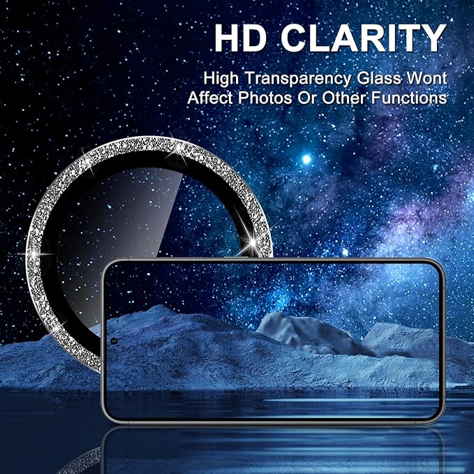 for Samsung Galaxy S25 Camera Lens Protector, Individual Metal Ring Tempered Glass Lens Cover, [Strong Adsorption] Scratch Resistant Ultra-Thin HD Clear Lens Cover, 1 Set-Black Sparkly