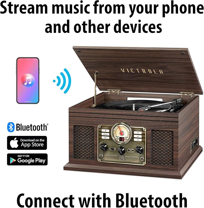 Victrola The Quincy 6-in-1 Bluetooth Record Player & Multimedia Center with Built-in Speakers – 3-Speed Turntable, CD & Cassette Player, AM/FM Radio, Wireless Music Streaming (Espresso)