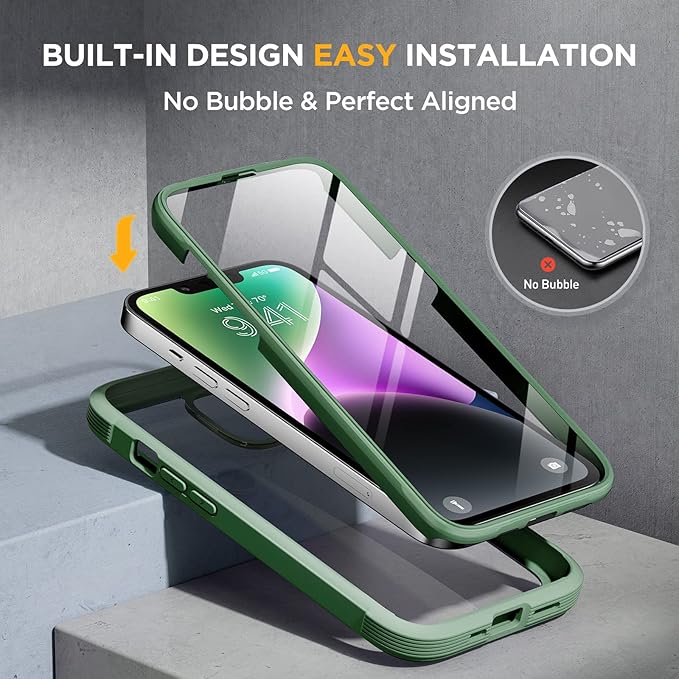 Miracase Glass Series Designed for iPhone 14 Plus Case 6.7 inch, 2023 Upgrade Full-Body Clear Bumper Case with Built-in 9H Tempered Glass Screen Protector and Camera Lens Protector,Green