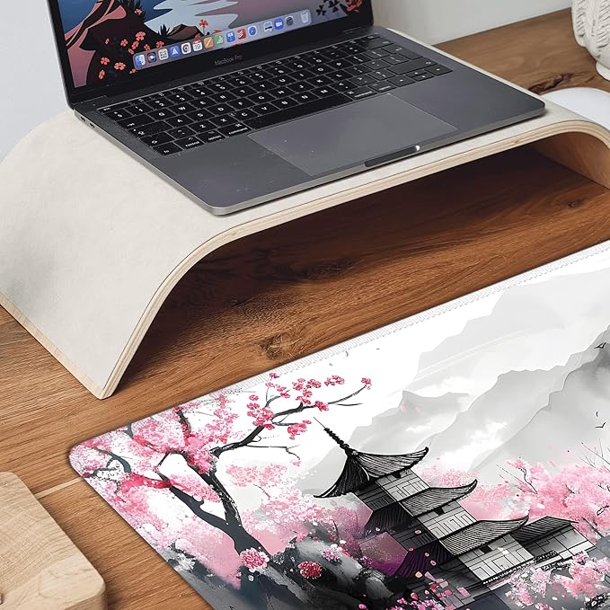 Japanese Cherry Blossom Large Mouse Pad,Gaming Keyboard Desk Pad,Extended Mouse Mat Non-Slip Rubber Base with Stitched Edges for Office Game Home XXL 35.4"x15.7"