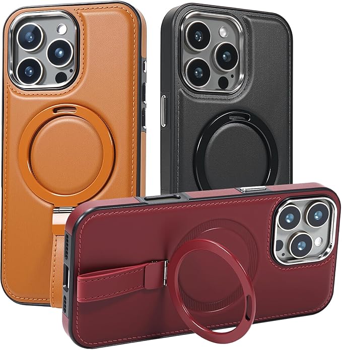 Leather Case, Suitable for iPhone 16 Pro Max Case, Invisible Magnetic Design, Equipped with a Lanyard and Foldable Stand, Black, Yellow and red (Red, iPhone 16 Pro Max)