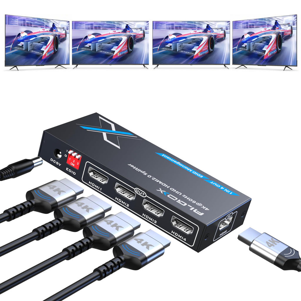 4K HDMI Splitter 1x4 withEDID, 4K@60Hz HDR HDMI 2.0 18Gbps HDMI Duplicator Support HDCP 2.3 for Switch2 Apple TV, PS5... (Uncompressed, Zero-Latency, No Loss of Image Quality 1 in 4 Out)