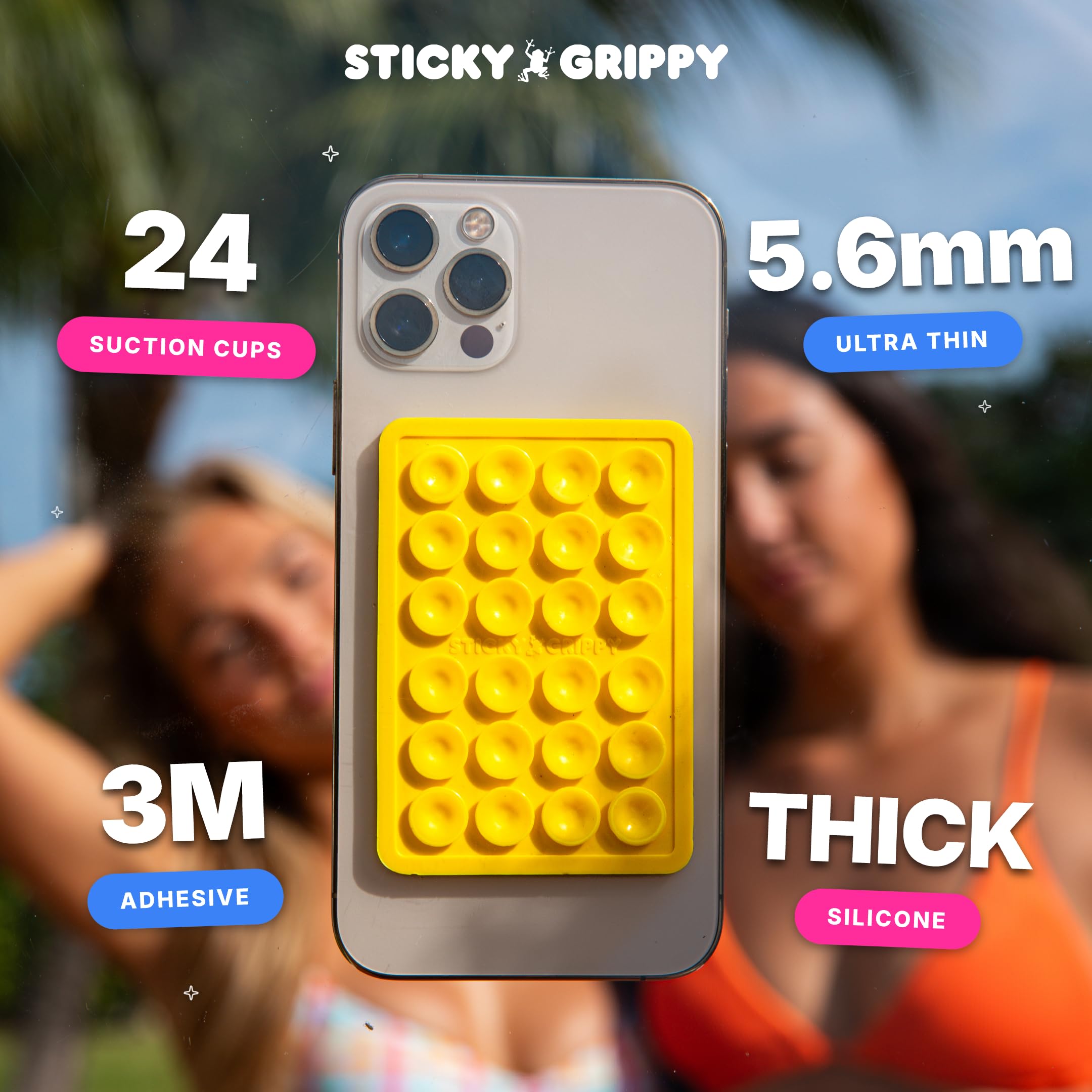 StickyGrippy Suction Phone Case Mount, Sillicon Adhesive Phone Accessory for iPhone and Android, Hands-Free Strong Grip Mirror Shower Phone Holder, Tiktok Videos and Selfies (Yellow)