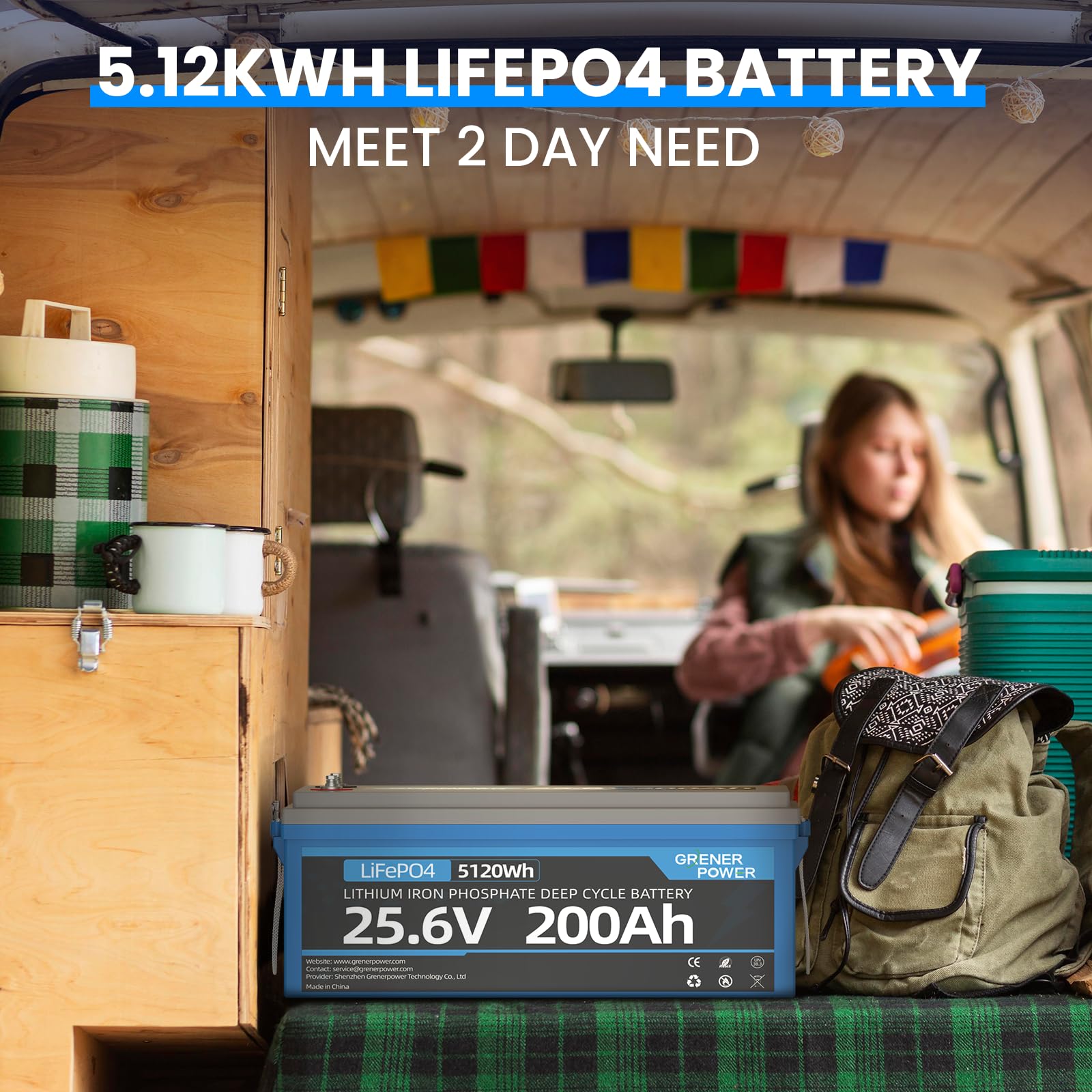 GRENERPOWER 25.6V 200Ah LiFePO4 Battery with 100A BMS, Max. 5120Wh Energy, 4000-15000 Deep Cycles Lithium Battery, 10-Year Lifespan, Perfect for RV, Trolling Motor, Solar Off-Grid Storage, Home System