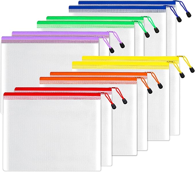 SUNEE Plastic Mesh Zipper Pouch 9x13 in (6 Colors, 12 Packs),Extra Large Water-Resistant Zip Bag for School Office Supplies, Puzzles & Games Organizing Storage