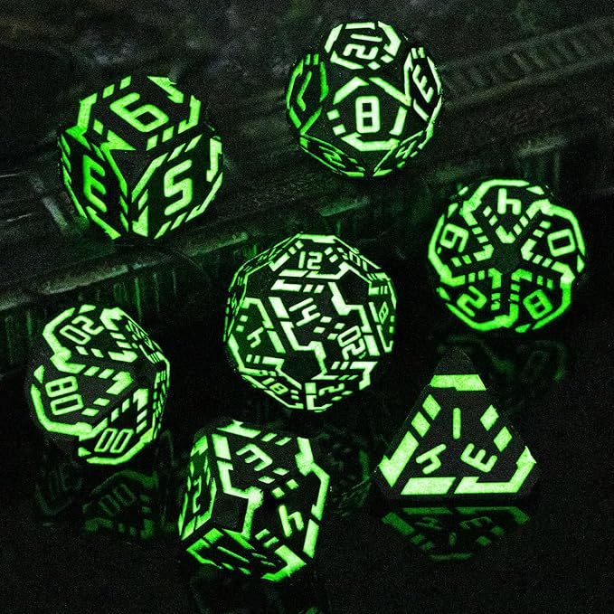 Metal DND Sci-fi Dice Set 7PCS Luminous Green Stripe Polyhedral Dice for Dungeons Dragons RPG Role Playing Game, Glitter D and D Dice with Gift Box D6 D8 D10 D12 D20