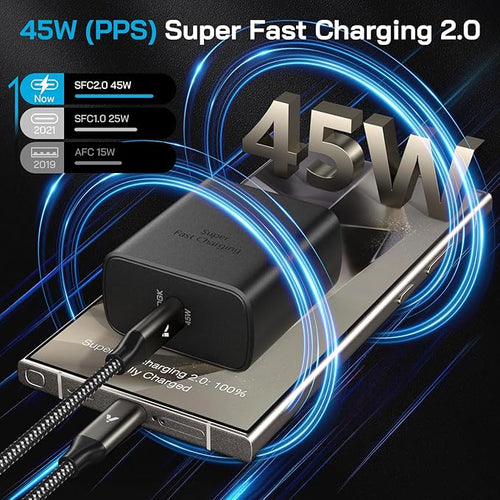 45W Super Fast Charger USB C, 45 Watt Type-C Android Phone Charger Fast Charging Block with 10FT Type C Cords for Samsung Galaxy S26 Ultra/S25 Ultra/S24 Ultra/S24+/S23 Ultra/S22 Plus, Tab S9/S8 Ultra