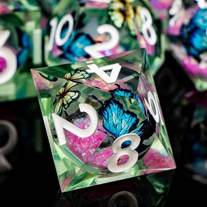 Butterfly DND Dice Pink Liquid Core Dice Set with Metal Box, Handmade Sharp Edge D and D Polyhedral Dice for use with D&D Role Playing Game, D20 D12 D10 D8 D6