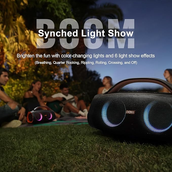 DOSS Extreme Boom+ Loud Bluetooth Speaker with 100W Stereo Sound, Extra Bass, 20H Playtime, Party-Sync Led Lights, Built-in Power Bank, IPX6 Waterproof Outdoor Speaker for Camping, Travel-Copper Gold