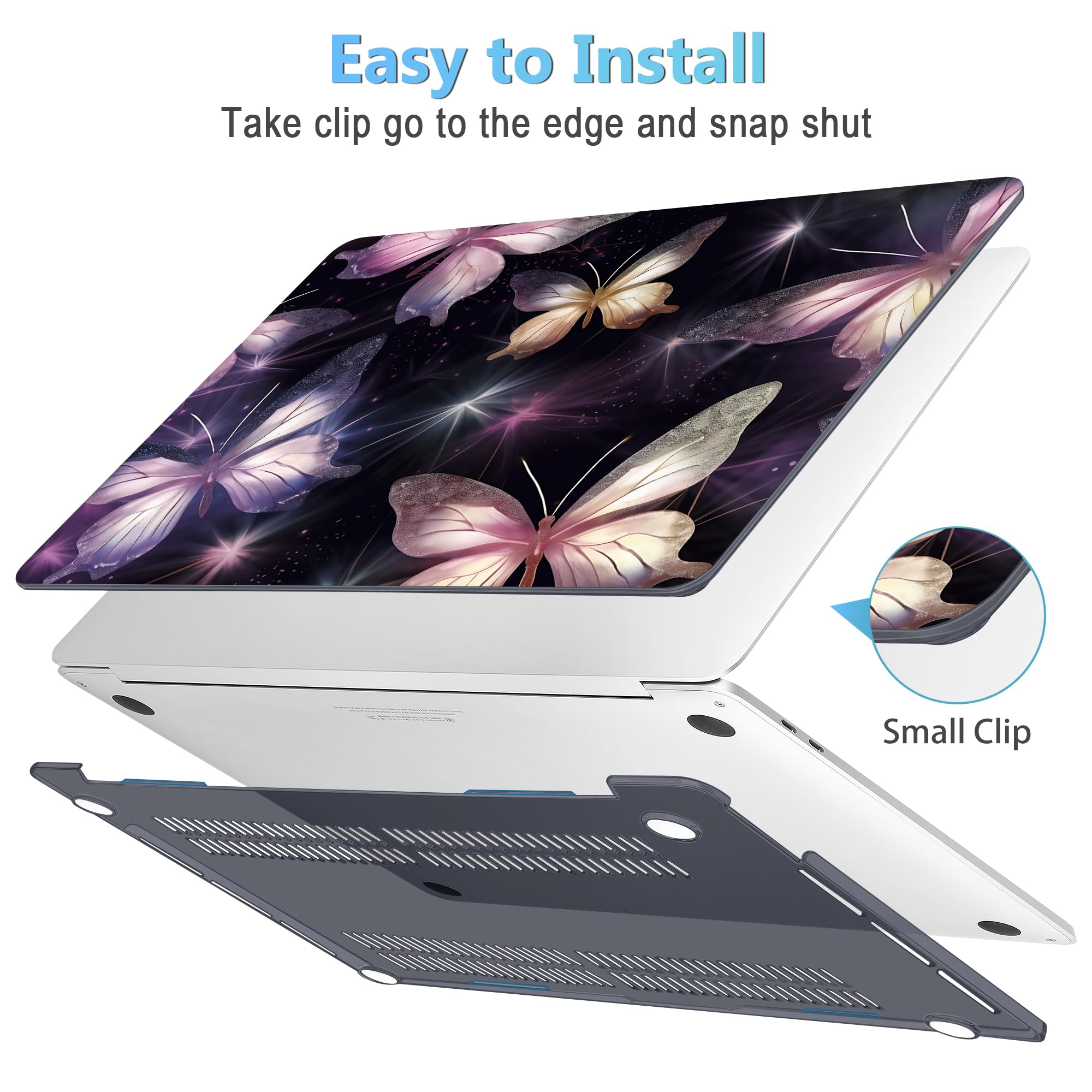 Mektron for MacBook Air 13 Case A1466/A1369 (2010-2017 Release), Snap-on Plastic Hard Shell Cover for MacBook Air 13.3 inch with Keyboard Cover, Glittering Butterfly