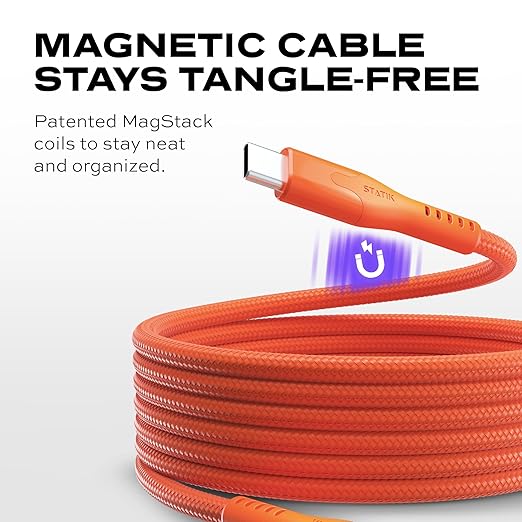 Statik MagStack Pro USB C to USB C Cable, Magnetic Type C Charger Fast Charging Cord, On The Go Magnetic Charging Cable for Car, Compatible with 16 Pro Max, 15, Galaxy S21 S20 Ultra, Orange 100W 3FT