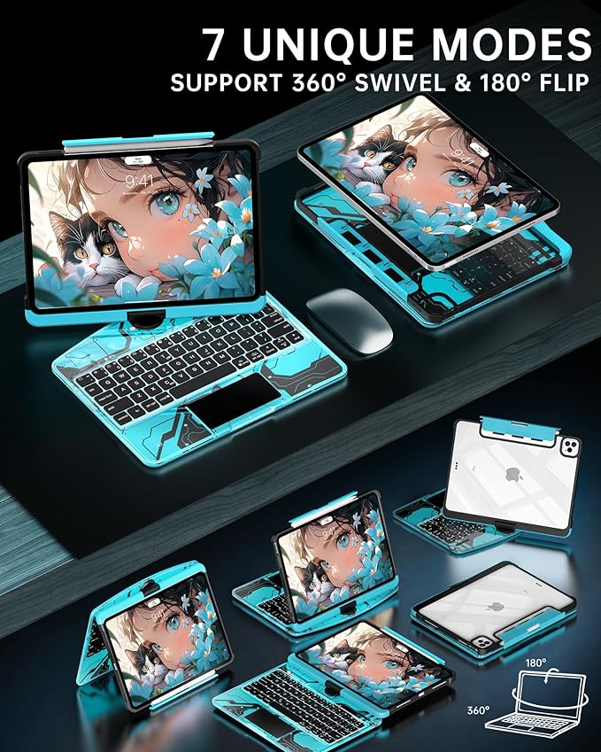 Intermerge Clear Keyboard Case for iPad Pro 11" (M4) 2024 Only, 360° Swivel Multi-Touch Trackpad, 7-Color RGB Backlit, Pencil Holder, Type-C, Power Indicator, Aqua Pulse