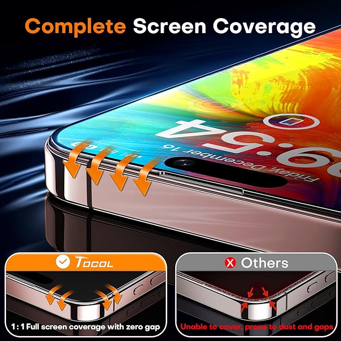 TOCOL for iPhone 16 Pro Screen Protector 9H Hardness Military Grade Shatterproof HD Tempered Glass Full Coverage Easy Installation Case Friendly 2 Pack
