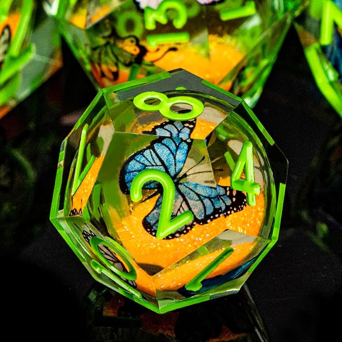 Butterfly DND Dice Green Liquid Core Dice Set with Metal Box, Handmade Sharp Edge D and D Polyhedral Dice for use with D&D Role Playing Game, D20 D12 D10 D8 D6