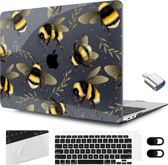 MEEgoodo for MacBook Air 13.3 inch Case 2021 2020 2019 2018 A2337 M1 A2179 A1932, Laptop Shell with Keyboard Webcam Cover & Trackpad Film & Type C Adapter for MacBook Air M1, Bumblebee & Leaves