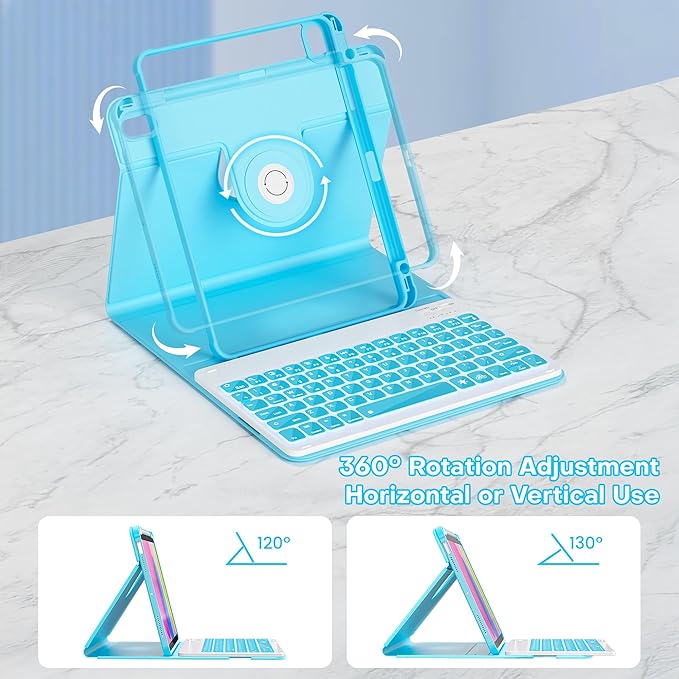 YBING Keyboard Case for iPad 10th Gen 10.9 inch(2022) & 11th Gen(A16, 2025), 360 Rotation Magnetic Cover with 7-Color Backlit Wireless Detachable Keypad with Pencil Holder for iPad 11th/10 Gen (Blue)