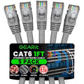 GEARit Cat 6 Ethernet Cable (5-Pack 1 Foot) Cat6 Network Patch, 10Gbps, RJ45, Snagless Cord, Gold-Plated Connectors, Internet for PC, TV, Tablet, Router, Printer, Servers, IT Data Center - Gray