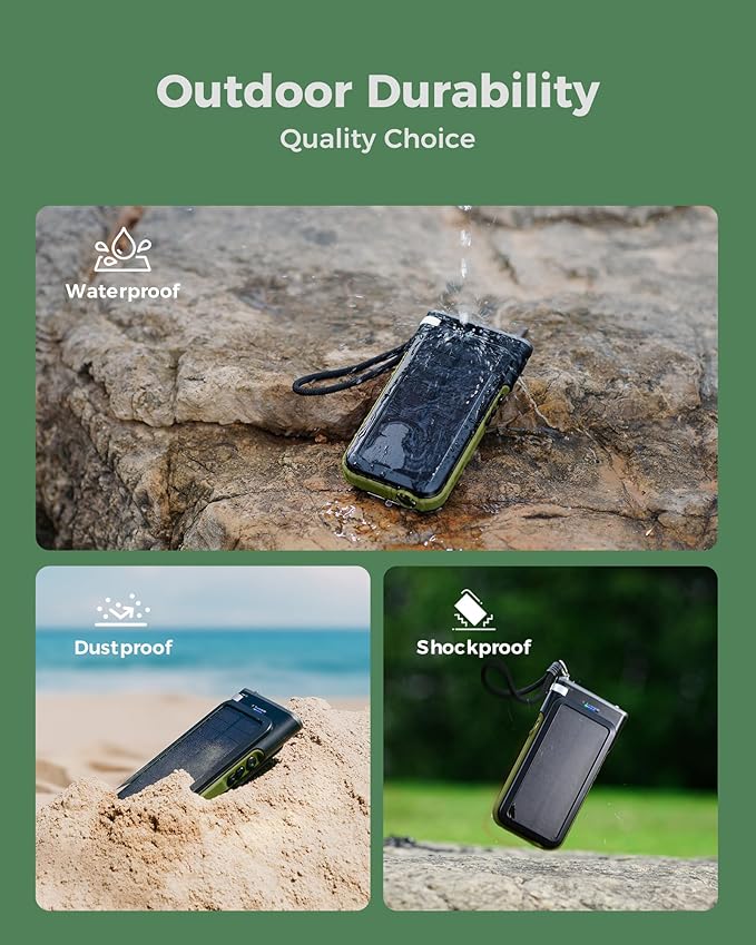 GOODaaa Solar Power Bank, 45800mAh Wireless Portable Charger Built-in Cables,15W Fast Charging Solar Charger, USB C in&Out and USB A Battery Pack for Outdoor with Emergency Radio,Flashlight