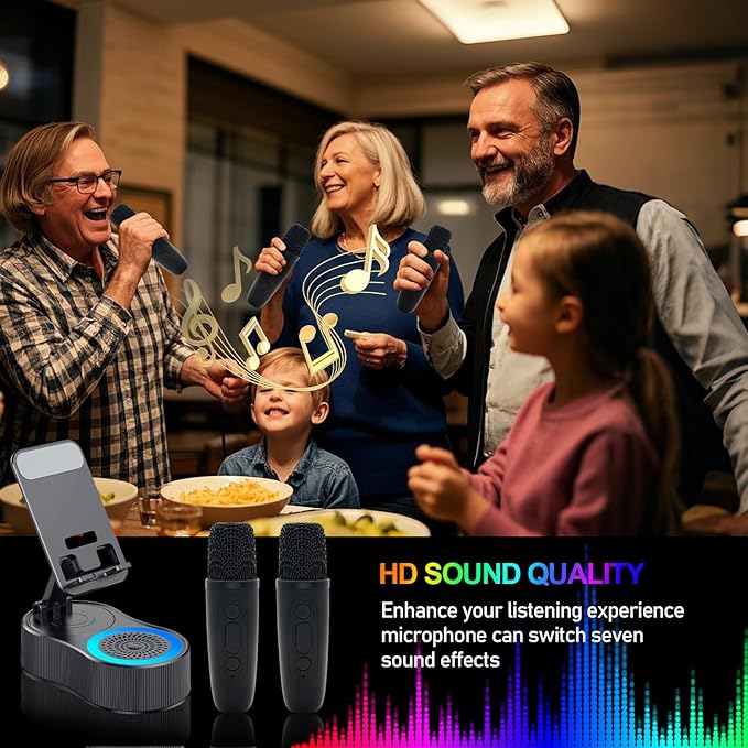 Gifts for Men Women,Cell Phone Stand with Wireless Bluetooth Speaker,Colorful Ambient Light 360° Foldable for Tablet iPhone Android 2 Wireless Microphones HD Surround Sound (Black)