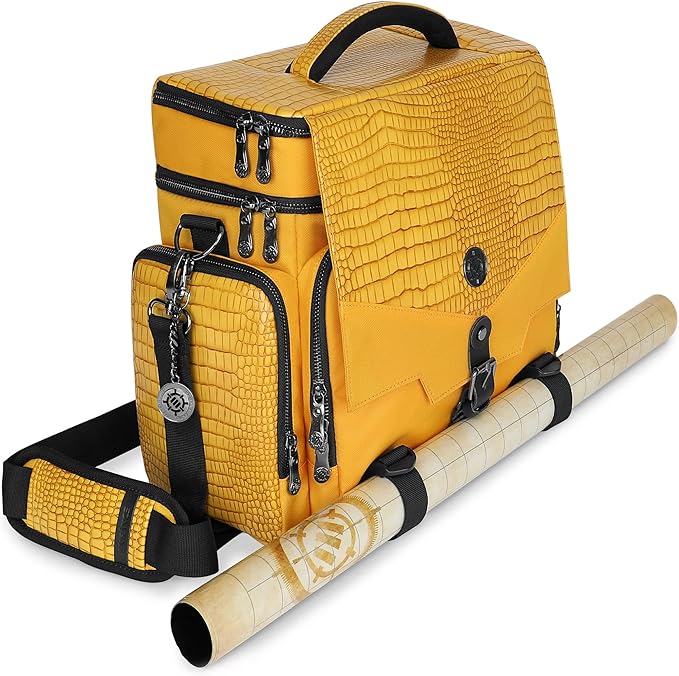 ENHANCE Collector's Edition RPG Adventurer's DnD Bag - Dragon Hide Exterior Travel RPG Bag with Tabletop Miniatures Storage Vault, Mat Holder, DnD Dice & Token Pockets, Fits 4-8 Books (Dragon Gold)