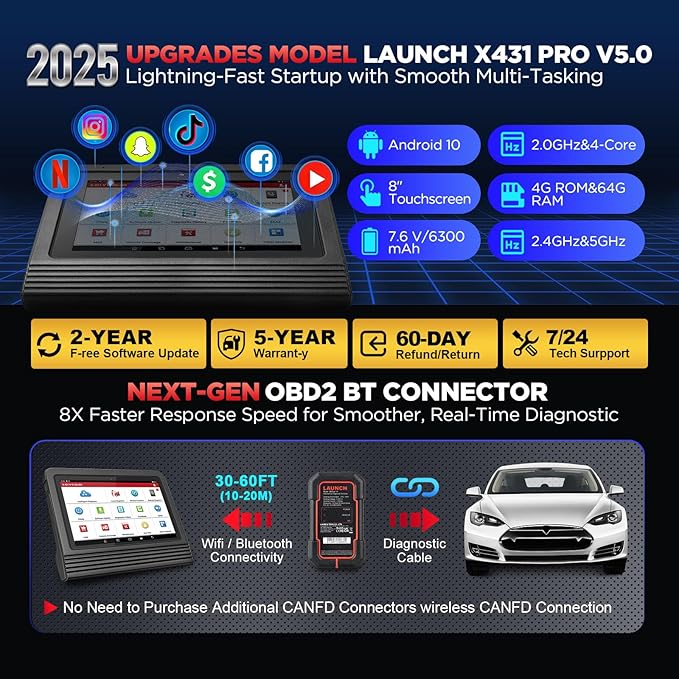 LAUNCH X431 Pro V5.0 2025 New Generation Automotive Diagnostic Scanner Tool, OEM Bluetooth Bidirectional OBD2 Scan Tool with CANFD & DOIP, 38+ Special Functions for All Cars