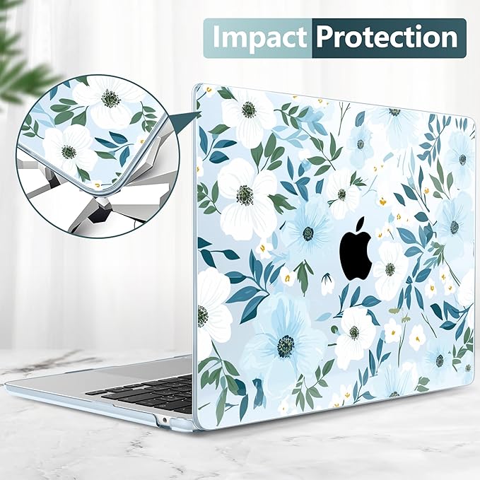 TWOLSKOO Compatible with M4 MacBook Air 13.6 inch Case 2025-2022 Release M4 A3240 M3 A3113 M2 A2681, Plastic Hard Shell & Keyboard Cover & Type C Adapter & Screen Protector, Floral Field Seamless