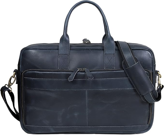 Vintage Handmade Leather Travel Messenger Office Crossbody Bag Laptop Briefcase Computer College Satchel Bag (16" Blue)