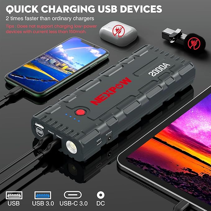 NEXPOW 2000A Peak Car Battery Jump Starter with USB Quick Charge 3.0 (Up to 7.0L Gas or 6.5L Diesel Engine), 12V Portable Jump Box, Battery Booster with Built-in LED Light, Jumper Cables