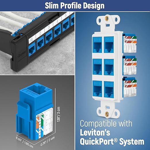 Everest 90° Angled RJ45 Cat6 Keystone Jacks 50-Pack in Blue - Slim Profile Female RJ45 Connectors - Cat 6 Keystone Jack - Compatible with 90° Angled Speed Termination Tool - easyJACK (B094WB91H3)