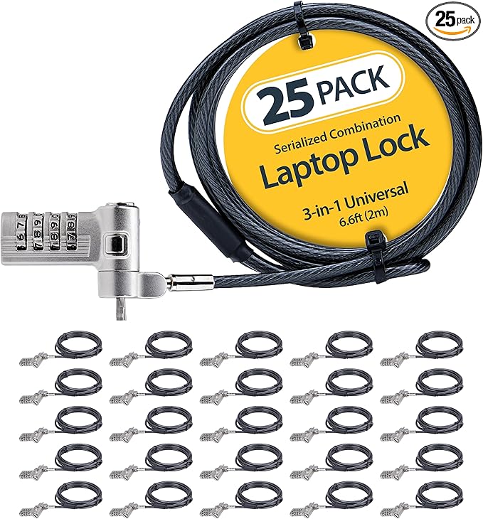 StarTech.com 25-Pack Universal Laptop Lock 6.6ft (2m), Serialized Security Cable, Compatible with Noble Wedge/Nano/K-Slot, TAA