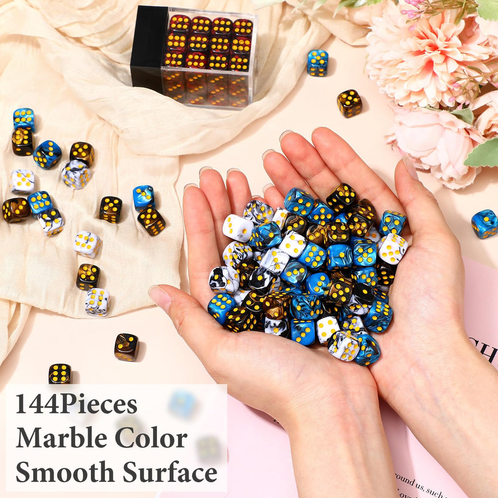 Foilswirl 144 Pcs 12mm 6 Sided Mini Dice Set for School Classroom Table Games D6 Game Standard Dice with Portable Plastic Box for Teaching Math Learning (Classic Color)